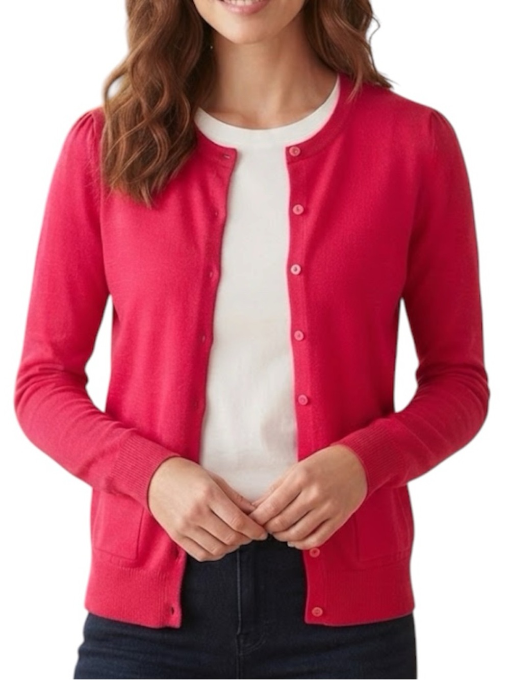 BANANA REPUBLIC Petite Red Merino Wool Gold Trim Cardigan Size Small Tailored